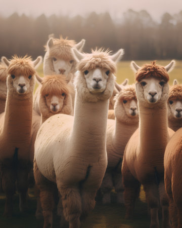 Group of alpaca in the field. Alpaca farm animal.の素材