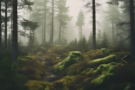 Mysterious evergreen forest in a fog at sunrise. Mighty pine and spruce trees, moss, fern, plants close-up. Atmospheric landscape. Nature, environmental conservation, ecology, ecotourismの素材