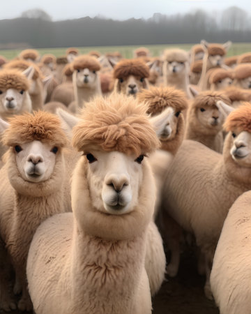 Group of alpaca in a meadow. Alpaca farmの素材