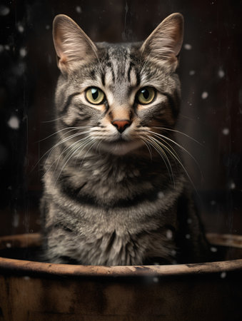 Portrait of a tabby cat sitting in a barrel under the rainの素材