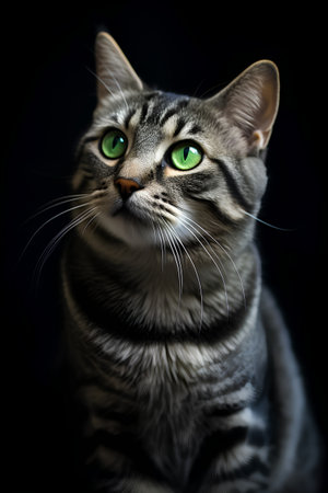 Portrait of a cat with green eyes on a black background.の素材