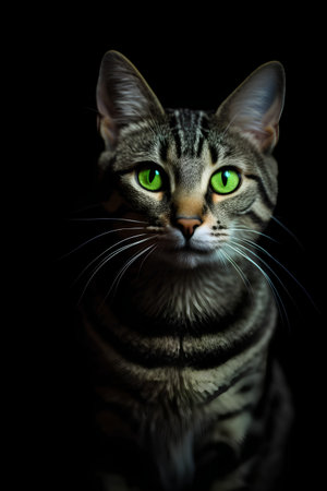 Portrait of a cat with green eyes on a black background.の素材