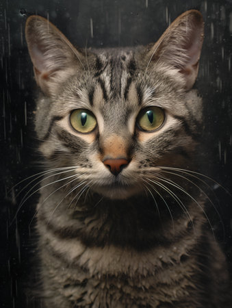 Portrait of a tabby cat with green eyes on a dark backgroundの素材