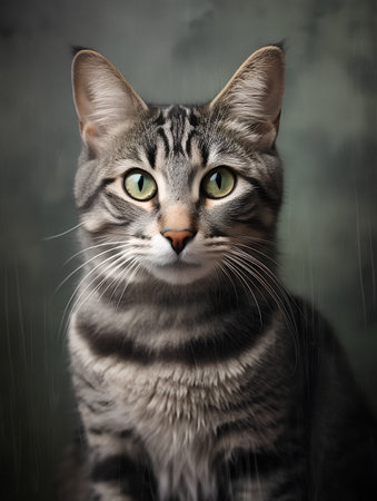 Portrait of a tabby cat with green eyes on a dark backgroundの素材