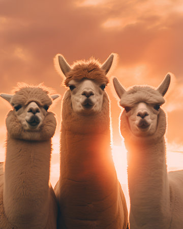Group of alpaca on sunset background. Alpaca farm.の素材