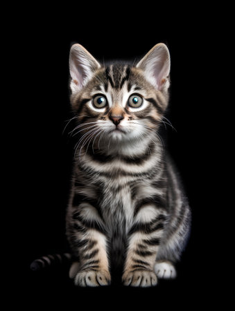 Portrait of a cute black tabby kitten on a black backgroundの素材
