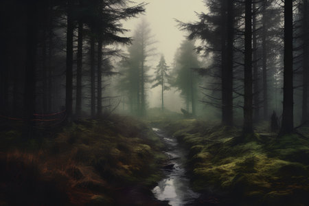 Mysterious forest with a stream in the fog. 3d renderの素材