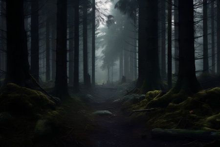 Mysterious dark forest in a foggy day. 3D renderの素材