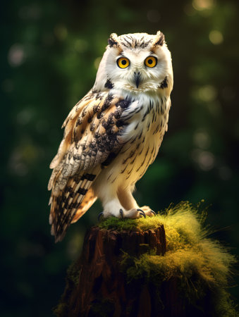 Beautiful owl sitting on a stump in the forest. Animal portrait.の素材