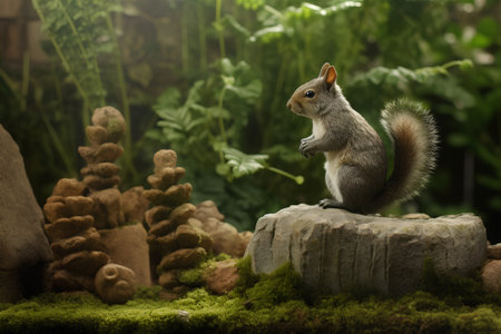 Squirrel in the garden with green plants and stones. Nature backgroundの素材