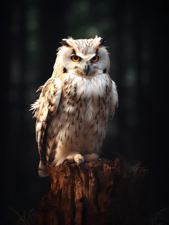 Beautiful owl sitting on a stump in the forest. Wildlife scene.の素材