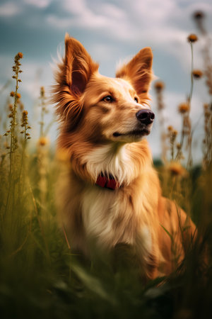 Portrait of a cute red border collie sitting in the grassの素材