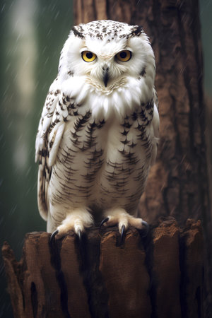 Snowy owl sitting on a tree trunk in the rain. Animal portrait.の素材