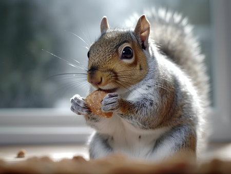 Eurasian grey squirrel, Sciurus carolinensis, eating a nut.の素材