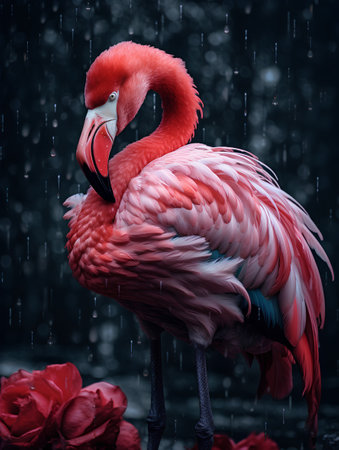Flamingo in the rain on a dark background. 3d renderingの素材
