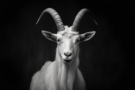 Black and white portrait of a goat with horns on a dark backgroundの素材
