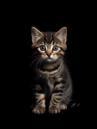 Portrait of a cute brown tabby kitten on a black backgroundの素材