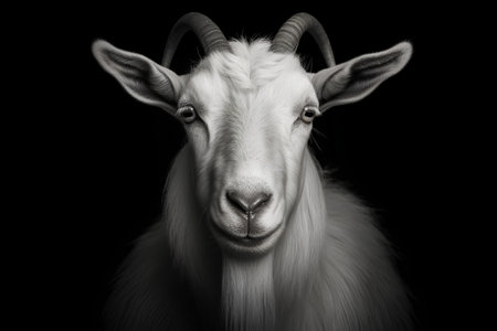 Portrait of a white goat on a black background, monochromeの素材