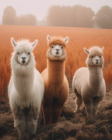 Three alpaca in a field of reeds (Vicugna pacos)の素材