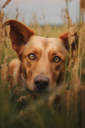 Portrait of a red dog on a background of tall grass.の素材
