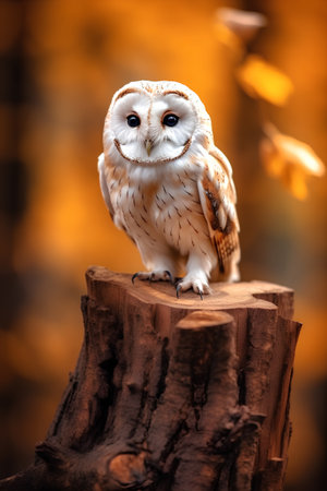 Beautiful owl sitting on a tree stump in the autumn forest.の素材