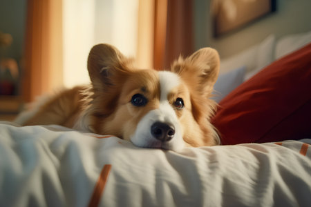 Cute welsh corgi dog lying on the bed at homeの素材