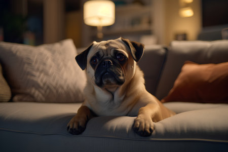 Cute pug dog lying on sofa at home in evening lightの素材