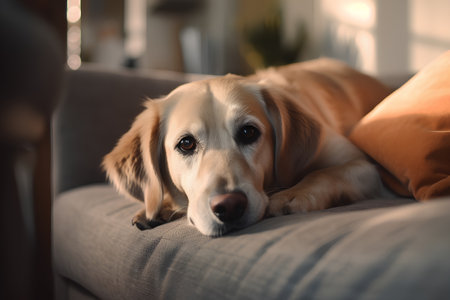 Portrait of a golden retriever dog lying on a sofa at homeの素材
