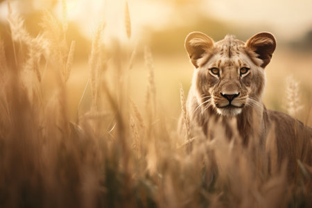 Lioness in the grassland at sunset. Beautiful lioness portrait.の素材