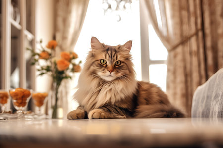 Siberian cat lying on the table in a room with flowersの素材