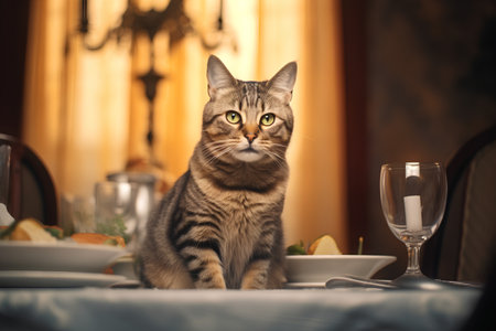 Beautiful tabby cat sitting at a table in a restaurant.の素材