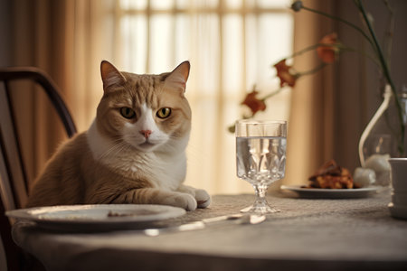 Cute cat sitting at the table in a cozy home interior.の素材