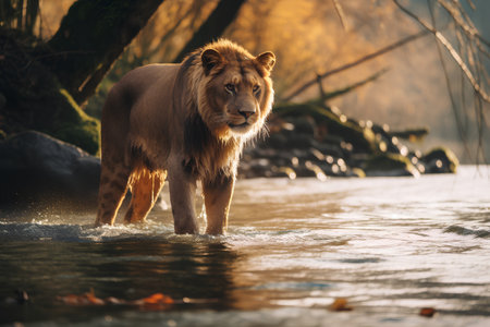 Lion in the river. Wildlife scene from european nature.の素材
