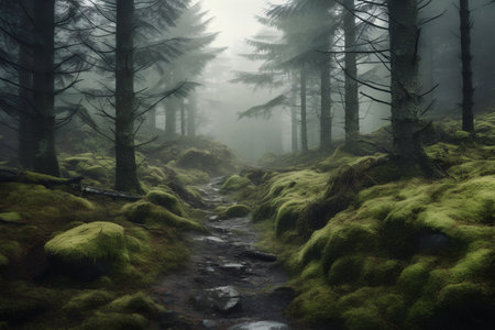 Mysterious dark forest path with moss and ferns.の素材