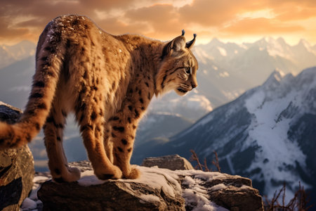 Eurasian lynx in the mountains at sunset. Wildlife scene.の素材