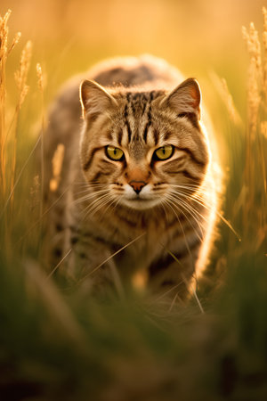 Portrait of a cat in the grass at sunset. Nature background.の素材