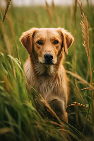 Golden retriever dog in the field of tall grass. Selective focus.の素材