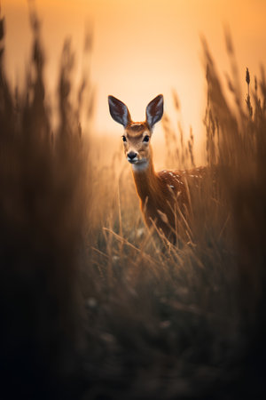 Young whitetail deer in the meadow at sunset. Nature backgroundの素材