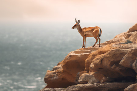 Young springbok standing on a cliff and looking at the seaの素材