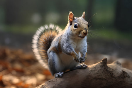 Portrait of a grey squirrel on a log in the autumn forestの素材