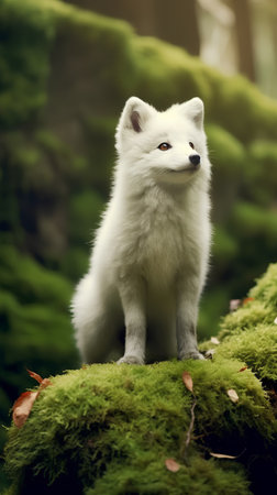 Cute white fox sitting on mossy rock in the forest.の素材