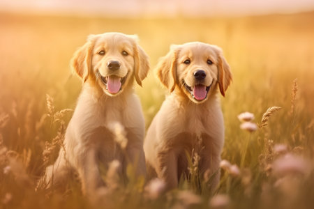 Golden Retriever puppies in the meadow on a sunny summer dayの素材