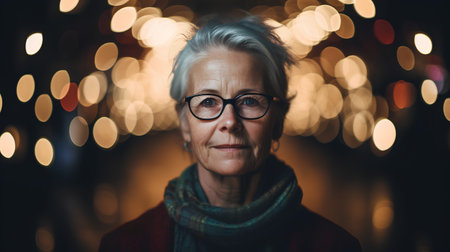 Portrait of a senior woman with glasses on bokeh backgroundの素材