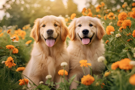 Two Golden Retriever puppies sitting in the field of flowers.の素材