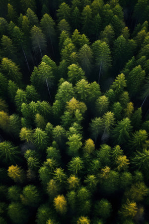Aerial view of pine trees in autumn forest. Top view from drone.の素材