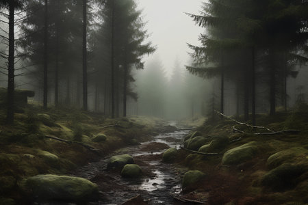 Foggy morning in the coniferous forest, 3d renderingの素材