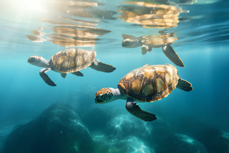 Sea turtles swimming in the sea. 3d render illustration of sea animalsの素材