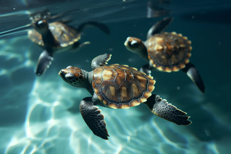 Sea turtles swimming in the water. 3d render illustration of sea animals.の素材