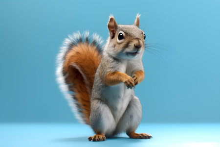 3D rendering of a cute little squirrel isolated on blue studio backgroundの素材
