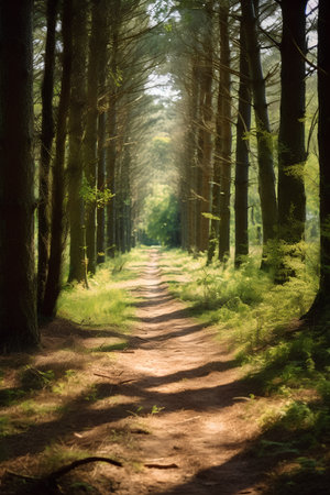 Sunset in the forest with trees and path. Vintage style.の素材